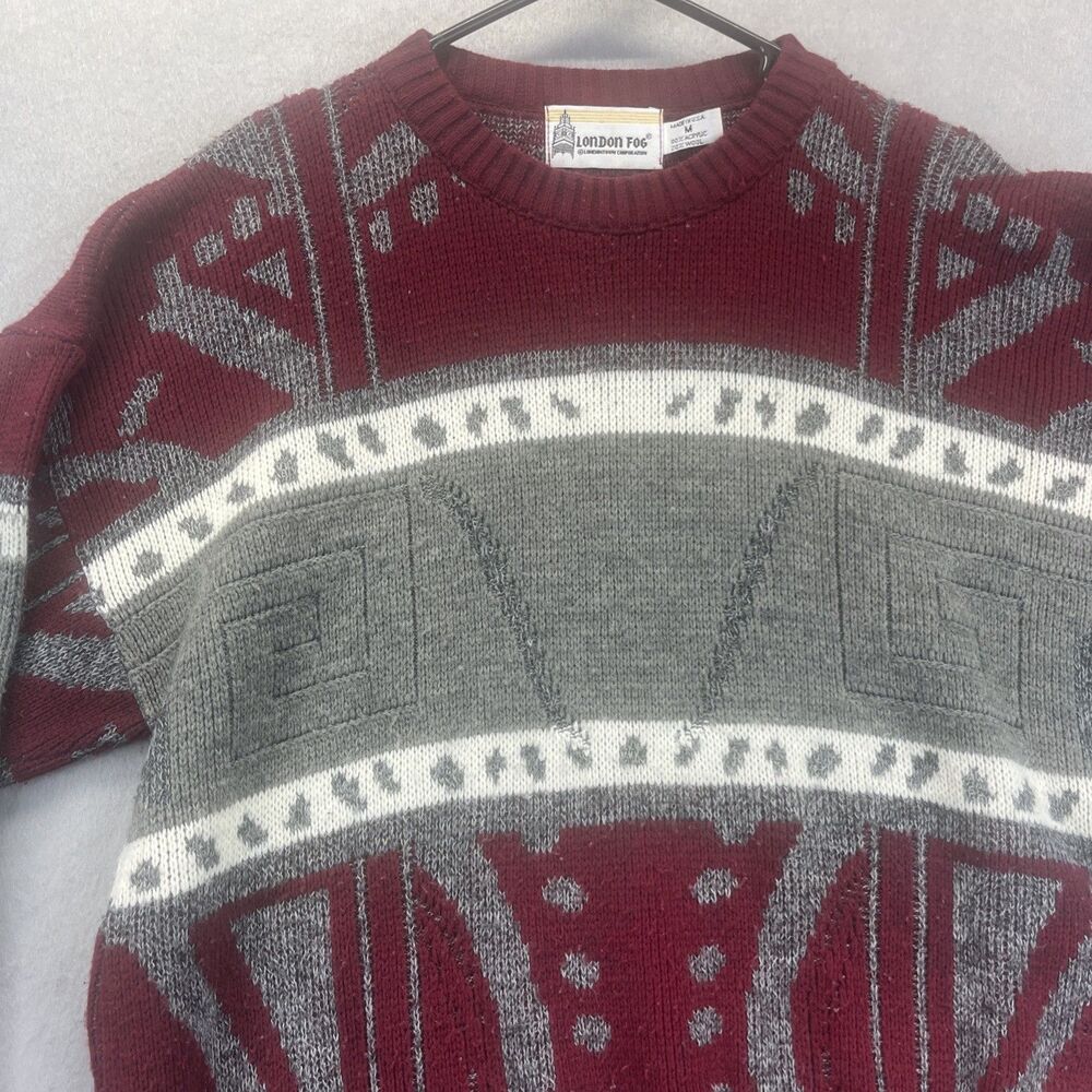 London Fog Knit Sweater Mens M Maroon Gray Ribbed Hem VTG Grandpacore Cabincore - Picture 5 of 12
